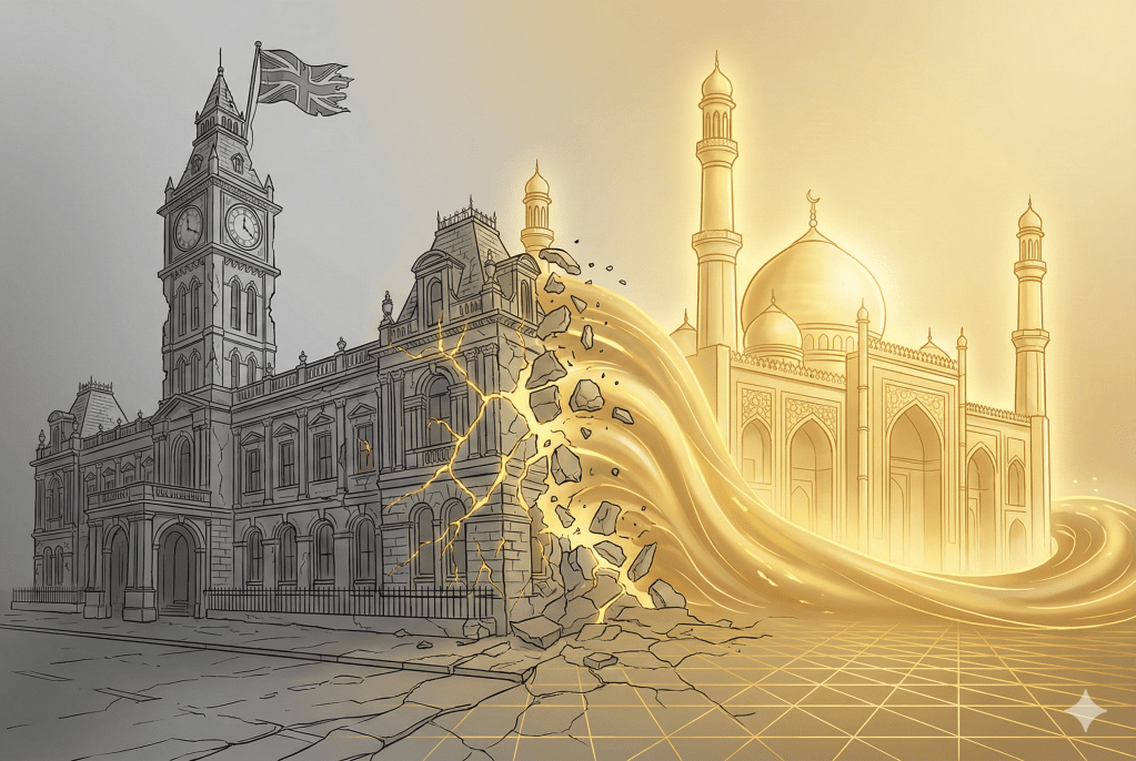 Split-screen illustration comparing colonial legacies: on the left, a crumbling grey British estate with a "For Rent" sign and tattered Union Jack; on the right, a glowing golden Islamic structure under construction, symbolizing the transition from temporary British rule to permanent Arab cultural conquest.