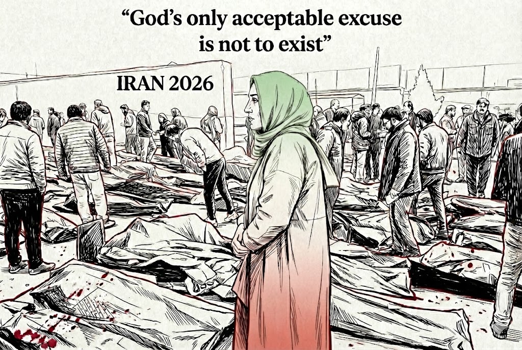 Black and white illustration of a massacre scene in Iran 2026, featuring a woman in a hijab with the green, white, and red gradient of the Iranian flag standing in front of body bags.